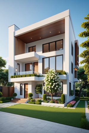 (masterpiece),(high quality), best quality, real,(realistic), super detailed, (full detail),(4k),8k,modern house exterior design,Modern architecture,Beautiful_sky,Day light, no_humans, outdoors,sky,tree,Garden flower front of building,