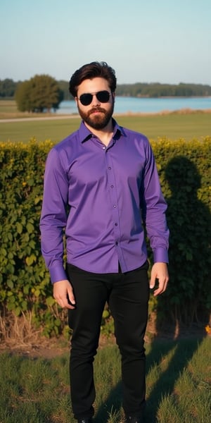 a man stands in front of a hedge, dressed in a purple button-down long-sleeved button-up shirt, black pants, and black shoes. He has a brown beard, mustache, and dark sunglasses on his face. His hair is neatly combed, and he is standing in a field of grass, with a body of water in the background. The sky is a pale blue, and the sun casts a shadow on the grass.