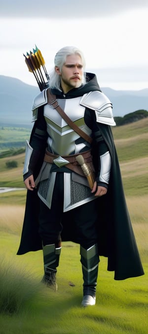 Full body image of a 24-year-old man with striking white hair and a beard, standing solo on a grassy landscape. He is adorned with jewelry, wearing boots, a belt, and a hooded cape. He holds an arrow as his weapon, with a quiver at his side. The clear lines look accentuates his attire and accessories. The male focus is on his facial features and the detailed elements of his ensemble, with the lighting emphasizing the contrast between his white hair and the natural setting.