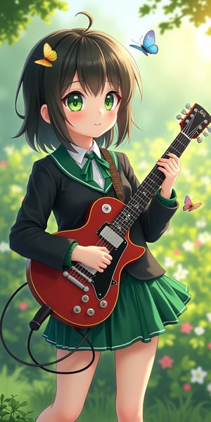 A cute anime girl in a black and green school uniform, playing a guitar with piercing green eyes, standing in a school garden. Butterflies flutter around her, with the garden in the background, soft natural lighting highlighting her playful expression and the vibrant colors of her outfit.