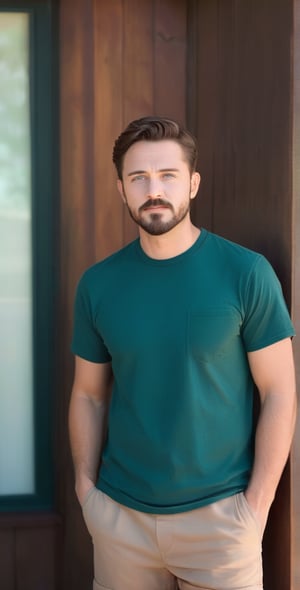 Captured at eye-level, a handsome man stands on a wooden deck in front of a wooden wall. He is dressed in a short-sleeved green t-shirt, brown shorts, brown shoes, and a brown belt. His left hand is holding a blue and white hat, while his right hand is resting in his pocket, His hair is short and light brown, and he has a small beard and mustache. His ice blue eyes are squinted. The sun is shining on the left side of the image, casting a shadow on the wooden deck.