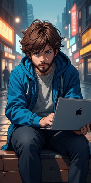 Captured at eye-level, a animated anime boy with short brown hair, and short beard, dressed in a blue hooded jacket, a gray t-shirt, and dark blue jeans, is seated on a wooden platform with his legs crossed. He is holding a silver laptop in his right hand, and his left hand is resting on his lap. The laptop is turned on, and he is looking directly at the camera. The background is blurred, with a cityscape of tall buildings in the background. The lighting is subdued, creating a vibrant contrast to the boy's outfit.