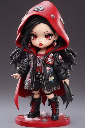 A punk rock version of Snow White, dressed in a rebellious fusion of avant-garde fashions. (standing: 1.2), red cape with hood and ripped mesh details, adorned with punk-inspired patches and brooches. Septum earrings, more calls, tattered dreadlocks, more patches, dirty, torn, anti-union spiked leather jackets, hardcore punk style jackets, punk badges, combat boots tied to legs, Rebellin,
(1girl:1.4), extreme detailed, highest detailed, (cute girl, 3year old:1.5), smokey eyes, bright red lips, (a sullen look:1.2), chibi,Xxmix_Catecat