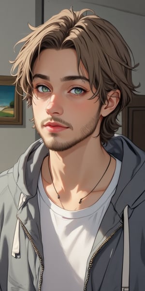 A close-up shot of a animated anime young man with a gray hooded sweatshirt over his shoulders. He is wearing a white t-shirt and a necklace around his neck. His hair is styled in a wavy bob. His eyes both have different colors, one eye with a piercing blue and the other one is piercing green, he has a slight smile on his face. His eyebrows are a light brown color and his hair is a light brown. he has very short brown beard, His left ear is slightly visible and he is slightly turned to the left. The backdrop is a light gray wall with a painting hanging on it.