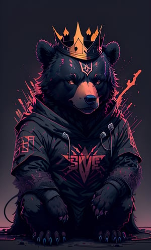 vector style, solo, looking at viewer, simple background, sitting, no humans, res, a cute Bear, animal, beautiful, visually stunning, elegant, incredible details, award-winning painting, high contrast, vector art, line art, splatter, flat color, color merge gradient, , (dark black theme:1.2), (white neon color), glowing,red neon, crown, dog eyes, serious, red,tshee00d,white color