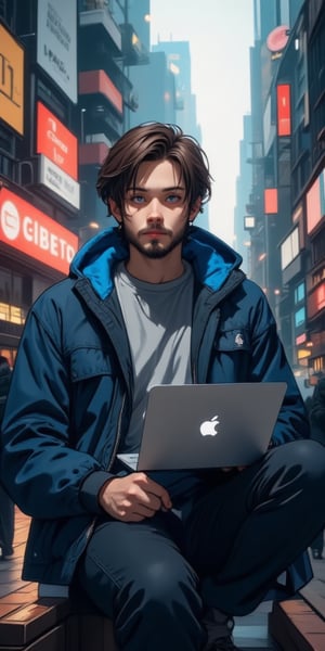 Captured at eye-level, a animated anime boy with short brown hair, and short beard, dressed in a blue hooded jacket, a gray t-shirt, and dark blue jeans, is seated on a wooden platform with his legs crossed. He is holding a silver laptop in his right hand, and his left hand is resting on his lap. The laptop is turned on, and he is looking directly at the camera. The background is blurred, with a cityscape of tall buildings in the background. The lighting is subdued, creating a vibrant contrast to the boy's outfit.