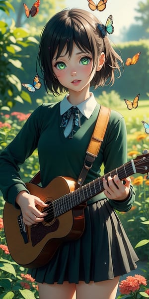 A cute anime girl in a black and green school uniform, playing a guitar with piercing green eyes, standing in a school garden. Butterflies flutter around her, with the garden in the background, soft natural lighting highlighting her playful expression and the vibrant colors of her outfit.,3d render