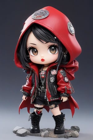 A punk rock version of Snow White, dressed in a rebellious fusion of avant-garde fashions. (standing: 1.2), red cape with hood and ripped mesh details, adorned with punk-inspired patches and brooches. Septum earrings, more calls, tattered dreadlocks, more patches, dirty, torn, anti-union spiked leather jackets, hardcore punk style jackets, punk badges, combat boots tied to legs, Rebellin,
(1girl:1.4), extreme detailed, highest detailed, (cute girl, 3year old:1.5), smokey eyes, bright red lips, (a sullen look:1.2), chibi,Xxmix_Catecat