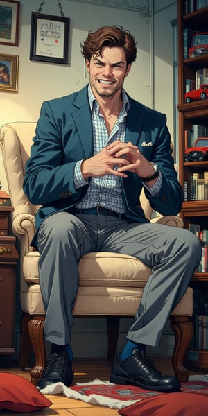 a cartoon anime man is seated on a cream-colored armchair, adorned with a blue and white checkered shirt, a blue blazer, gray pants, His hands are clasped in front of him, and he has a naughty expression on his face. To his left, a brown leather couch, and a red throw pillow are scattered on the floor. To the right of the man, a wooden shelf is adorned with books, a red toy car a clock and a framed picture.