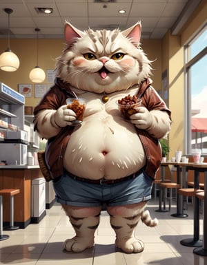 full body image, Cat fluffy fat belly, eating dates, standing at cafeteria,  extreme caricature
,more detail XL