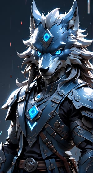 (((anthracite consept))), ((blue wolf head, pointed beak)), (masterpiece, best quality:1.5), EpicLogo, glowing armor, robot, blue metal irradiated samurai suit, look on viewer, wolf style, central view, hyper real, hues, Movie Still, samurai, full body, cinematic scene, intricate mech details , ground level shot, 8K resolution, Cinema 4D, Behance HD, polished metal, shiny, data, hair in dreadlock braids, katana on chest plate, glowing sword, skyfall background, muscular and broad shouldered, anthracite