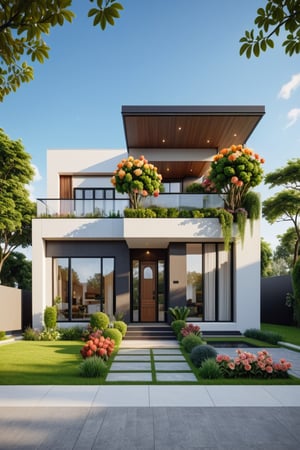 (masterpiece),(high quality), best quality, real,(realistic), super detailed, (full detail),(4k),8k,modern house exterior design,Modern architecture,Beautiful_sky,Day light, no_humans, outdoors,sky,tree,Garden flower front of building,