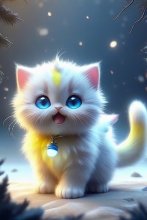 Horror long furr baby cat wallpaper screenshot, in the style of light blue and yellow, drawing, comic art,Animal Verse Ultrarealistic ,ral-chrcrts,white 
