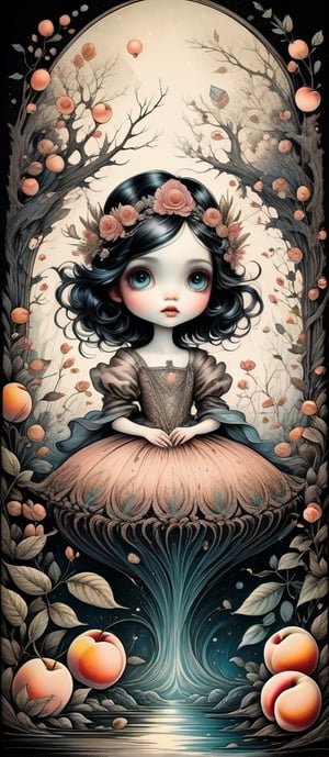 pen and ink, liquid ink, mail art, the peach goddess, dynamic , big eyes,  Ray Caesar, Craola, Dan Mumford, Andy Kehoe, 2d, flat, cute, adorable, vintage, art on a cracked paper, fairytale, patchwork, storybook detailed illustration, cinematic, ultra highly detailed, tiny details, beautiful details, mystical, luminism, vibrant colors, complex background,