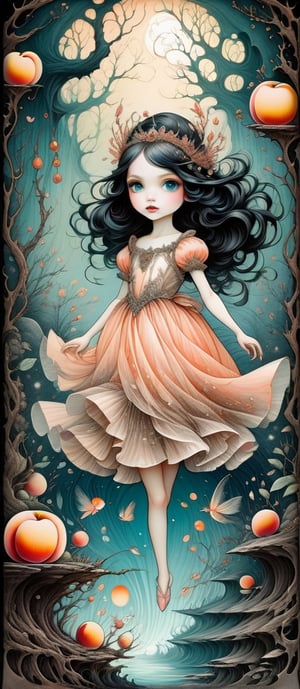 pen and ink, liquid ink, mail art, the peach goddess, dynamic , big eyes,  Ray Caesar, Craola, Dan Mumford, Andy Kehoe, 2d, flat, cute, adorable, vintage, art on a cracked paper, fairytale, patchwork, storybook detailed illustration, cinematic, ultra highly detailed, tiny details, beautiful details, mystical, luminism, vibrant colors, complex background,