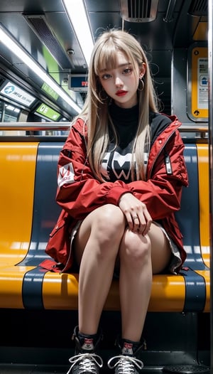 red_jacket, 1girl,  oversized_clothes , white_hair , black army boots , sitting inside a subway,Realism, side part bangs hair, full shot