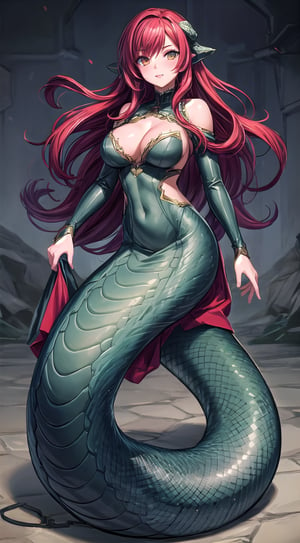 1girl,lamia, red hair, medium breasts, medium fit body,  detailed scales, full body, 