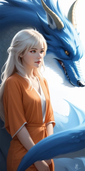 1 fox girl, 1 dragon, semi realistic 