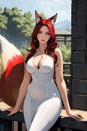 1 fox girl, fox tail, red hair, mid-length hair, fit curvy body, medium breasts, cleavage, beutiful detailed green eyes, senary, semi-realistic