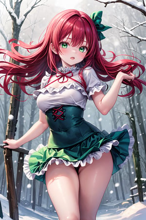 1 girl, red hair, mid-length hair, fit curvy body, medium breasts, pearl real green eyes, ((ruffled top)), (( tutu skirt)), snowy forest cenary full background, snowing, open legs 