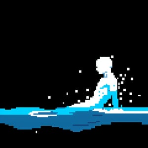 silhouette of a man under the ocean, with the body falling downwards, the entire body should be seen from the right side, the silhouette should be black,	 SILHOUETTE LIGHT PARTICLES,Pixel art