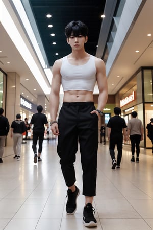 Medium full body shot ,masterpiece, best illustration, detailed 8K,male focus,hair between eyes, masterpiece, (best quality:1.3),best illustration,extremely detailed 8K wallpaper, 1boy, anime, k pop idol , youngman , crop top, bad boy, slime, at the mall,, sexy pose