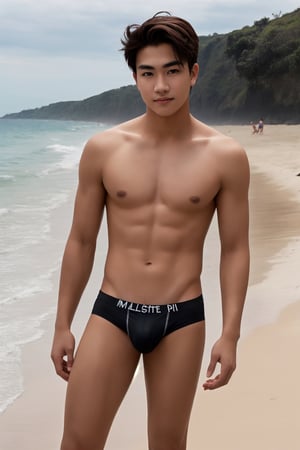 Medium full body shot, masterpiece,1boy , young ,  topless, black underwear,textured skin , super detail, best quality, flirty face, black eyes, white skin, at the beach 