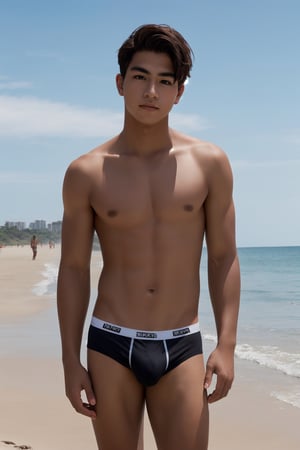 Medium full body shot, masterpiece,1boy , young ,  topless, black underwear,textured skin , super detail, best quality, flirty face, black eyes, white skin, at the beach 