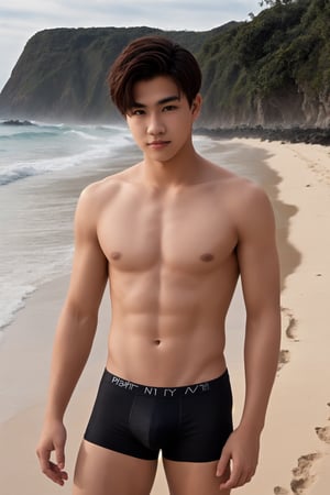 Medium full body shot, masterpiece,1boy , young ,  topless, black underwear,textured skin , super detail, best quality, flirty face, black eyes, white skin, at the beach 