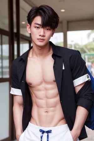 1boy, model face, black eyes, white skin, school_uniform,
Shirtless, thong ,Thai Idol, 18 years old, model face ,photorealistic, idol 