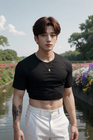 Medium full body shot ,masterpiece, best illustration, detailed 8K,male focus,hair between eyes, masterpiece, (best quality:1.3),best illustration,extremely detailed 8K wallpaper, 1boy, anime, jungkook, Flowers, crop top, bad boy, slime, swamp, crazy, sexy pose