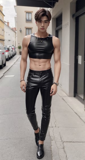 Medium full body shot, masterpiece,1boy, youngman  , thin body, black crop top and tight leather black pants