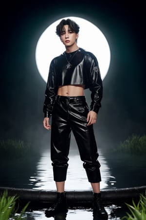 Medium full body shot, masterpiece, best illustration, detailed 8K,male focus,hair between eyes, masterpiece, (best quality:1.3),best illustration,extremely detailed 8K wallpaper, 1boy, anime, jungkook, crop top, bad boy, slime, swamp, crazy, sexy pose