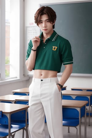 Medium full body shot ,masterpiece, best illustration, detailed 8K,hair between eyes, masterpiece, (best quality:1.3),best illustration,extremely detailed 8K wallpaper, youngman, k pop idol ,school uniform, crop top, bad boy, slime, at the classroom , sexy pose