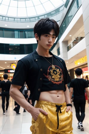 Medium full body shot ,masterpiece, best illustration, detailed 8K,male focus,hair between eyes, masterpiece, (best quality:1.3),best illustration,extremely detailed 8K wallpaper, 1boy, anime, Japanese idol , youngman , crop top, bad boy, slime, at the mall,, sexy pose