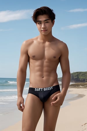 Medium full body shot, masterpiece,1boy , young ,  topless, black underwear,textured skin , super detail, best quality, flirty face, black eyes, white skin, at the beach 