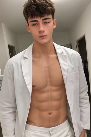 Full wide shot, 1boy, model face, black eyes, white skin, doctor clothes, Shirtless , 18 years old, model face ,photorealistic ,Hot guy