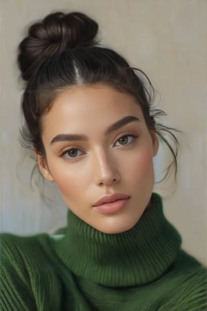 1girl, solo, looking at viewer, green eyes, black hair, black hair, closed mouth, hair bun, sweater, lips, turtleneck, portrait,, realistic, black sweater,ENHANCE,photorealistic,4k