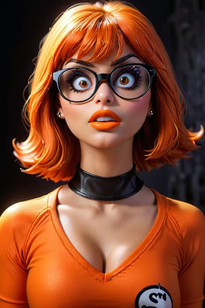 velma from scooby-doo, very sultry look, so hot girl, beautiful charismatic girl, so hot shot, showing piercing, athletic body, a woman wearing eye glasses and an orange top, gorgeous figure, full body shot, goth style mood, dark eye makeup, in the style of jessica drossin, life-size figures




,Comic Book-Style,3D