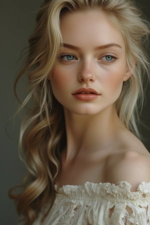 "masterpiece,best quality,official art, extremely detailed, \n\nleft side view of a beautiful messy blonde hair young woman, blue eye, looking left side, head to left,\n\nThe image should emphasize the natural contours and elegance of her facial structure, with soft lighting to highlight her skin and create a gentle contrast between light and shadow,exquisite facial features,prefect face,Cinematic Lighting, "