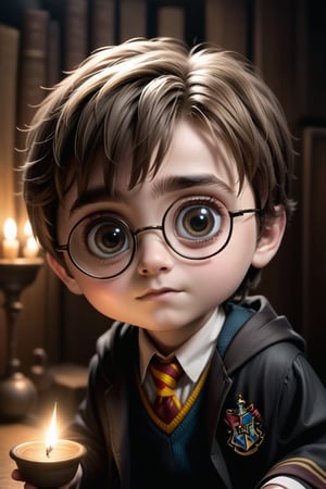 harry potter, very cute tiny, rim lighting, adorable big eyes, small, By greg rutkowski, chibi, Perfect lighting, Sharp focus