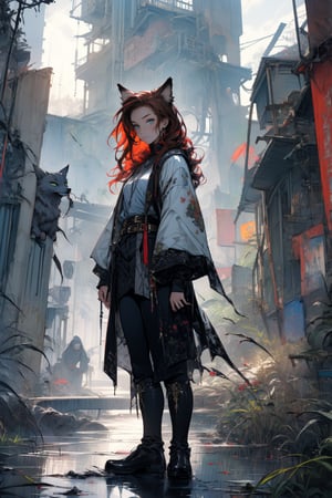 In a gloomy color painting, a young girl with long red hair stands in the center of the painting, occupying one-third of the painting. She wears medieval style clothing and has a simple shabby look. The girl's eyes are a cold blue, while her hair is a deep red with cat ears. Her costume is decorated with some damage and stains, a brown belt and a pair of brown boots. There is a medieval castle in the background, and the surroundings are dilapidated and gloomy. The scene is set against a cloudy sky, adding to the authenticity of the painting.