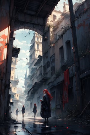 In a gloomy color painting, a girl（15yo） with long red hair, stands in the center of the painting, occupying one third of the painting. She wears broken clothes. The girl has cool blue eyes, dark red hair, and cat ears. Her costume trim has some damage and stains. There is a medieval castle in the main visual background, and the surrounding environment is a dilapidated and gloomy city. The scene is set against a cloudy sky, adding to the authenticity of the painting.