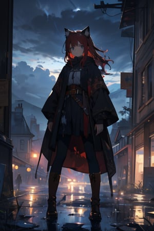 In a dark and colorful painting, a girl with long red hair stands in the center of the painting. She wears medieval style clothing and has a shabby appearance. The girl's eyes are a cold blue, while her hair is a deep red with cat ears. Her costume is decorated with some damage and stains, a brown belt and a pair of brown boots. A medieval castle with a bridge can be seen in the background. The scene is set against a cloudy sky, adding to the authenticity of the painting.
