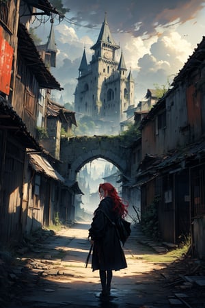 In a gloomy color painting, a girl（15yo） with long red hair, stands in the center of the painting, occupying one third of the painting. She wears broken clothes. The girl has cool blue eyes, dark red hair, and cat ears. Her costume trim has some damage and stains. There is a medieval castle in the main visual background, and the surrounding environment is a dilapidated and gloomy city. The scene is set against a cloudy sky, adding to the authenticity of the painting.