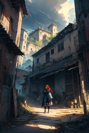 In a dark color painting, a girl（15yo） with long red hair, stands in the center of the painting, occupying one third of the painting. She wears shabby clothes. The girl has cool blue eyes, dark red hair, and cat ears. Her costume trim has some damage and stains. There is a medieval castle in the main visual background, and the surrounding environment is a dilapidated and gloomy city. The scene is set against a cloudy sky, adding to the authenticity of the painting.