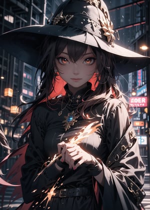 Red eyes, holy, red_light, shiny, dark_red hair,High detailed ,midjourney,perfecteyes,Color magic,urban techwear,hmochako,better witch,witch, witch,Long hair,free style,horror (theme)