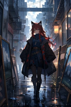 In a dark and colorful painting, a girl with long red hair stands in the center of the painting. She wears medieval style clothing and has a shabby appearance. The girl's eyes are a cold blue, while her hair is a deep red with cat ears. Her costume is decorated with some damage and stains, a brown belt and a pair of brown boots. A medieval castle with a bridge can be seen in the background. The scene is set against a cloudy sky, adding to the authenticity of the painting.
