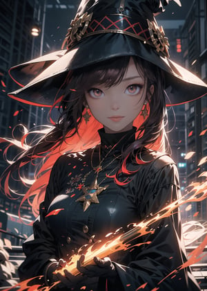 Red eyes, holy, red_light, shiny, dark_red hair,High detailed ,midjourney,perfecteyes,Color magic,urban techwear,hmochako,better witch,witch, witch,Long hair,free style,horror (theme)
