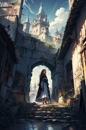 In a gloomy color painting, a girl（15yo） with long red hair, stands in the center of the painting, occupying one third of the painting. She wears shabby dress. The girl has cool blue eyes, dark red hair, and cat ears. Her costume trim has some damage and stains. There is a medieval castle in the main visual background, and the surrounding environment is a dilapidated and gloomy city. The scene is set against a cloudy sky, adding to the authenticity of the painting.